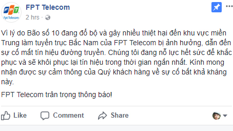 Đứt cáp do bão, mạng FPT ‘sập’ trong hơn hai giờ - Ảnh 1. Đứt cáp do bão, mạng FPT ‘sập’ trong hơn hai giờ - Ảnh 1.