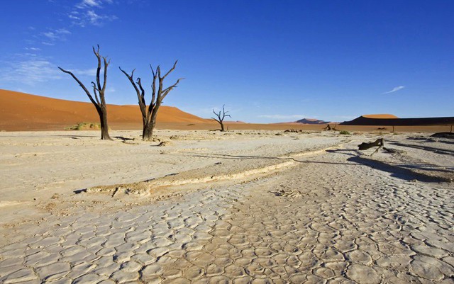 7. Vùng địa chất đất sét mặn ở Sossusvlei (Namibia) được bao quanh bởi những cồn cát cao màu nâu đỏ nằm ở phía nam sa mạc Namib, là địa điểm du lịch nổi tiếng thuộc công viên Namib-Naukluft.