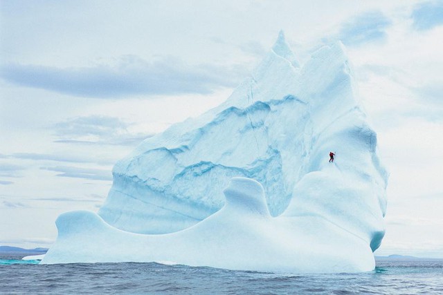 Một người đàn ông leo lên tảng băng trôi ở Labrador, Canada.