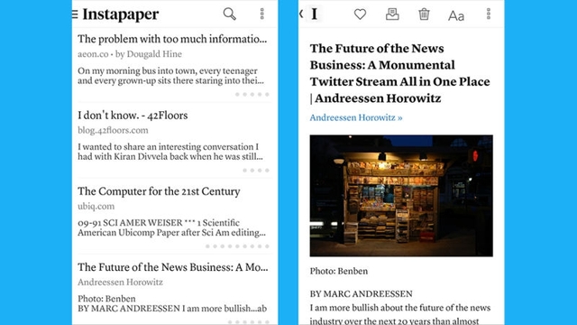 Giao diện ứng dụng Instapaper. Ảnh: INSTAPAPER